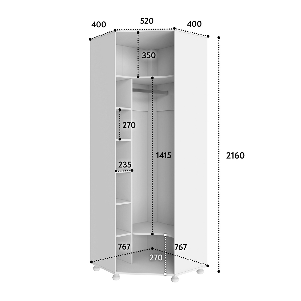 Шкаф угловой Ассоль АС-52К с зеркалом (левый) белое дерево